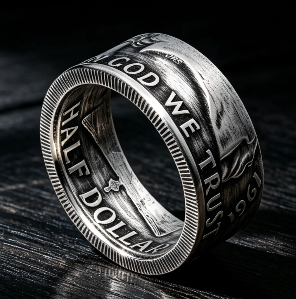 Walking Liberty & Franklin Half Dollar Silver Coin Ring Set | Vintage US Silver Hand Forged Ring