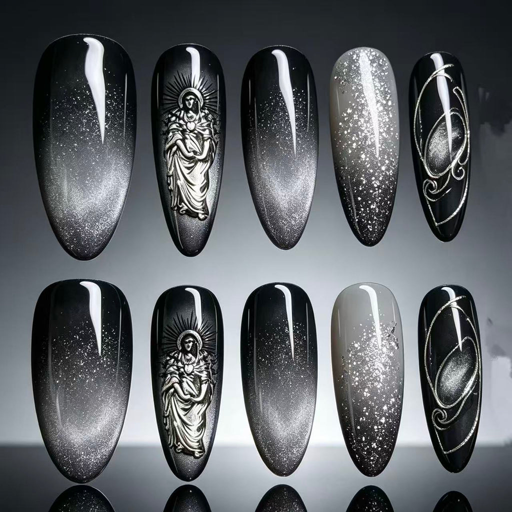 Handcrafted Press‑on Nails Our Lady Mary Black Cat-Eye | Long Almond Shape