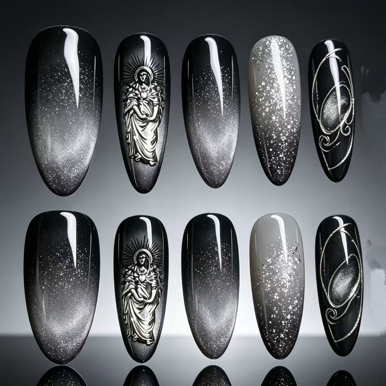 Handcrafted Press‑on Nails Our Lady Mary Black Cat-Eye | Long Almond Shape