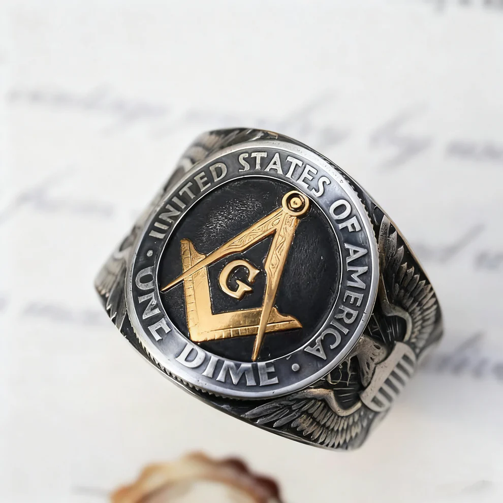Freemasonry Engraved Silver Coin Ring