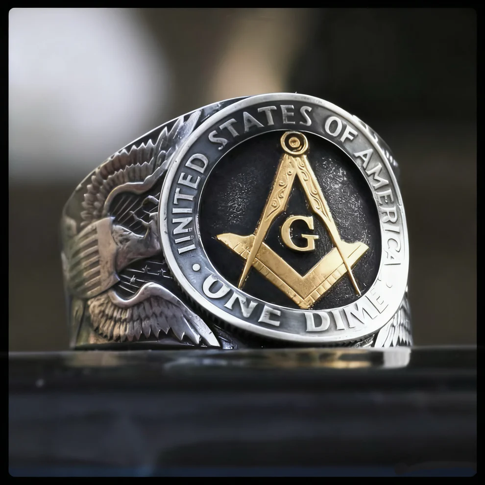 Freemasonry Engraved Silver Coin Ring
