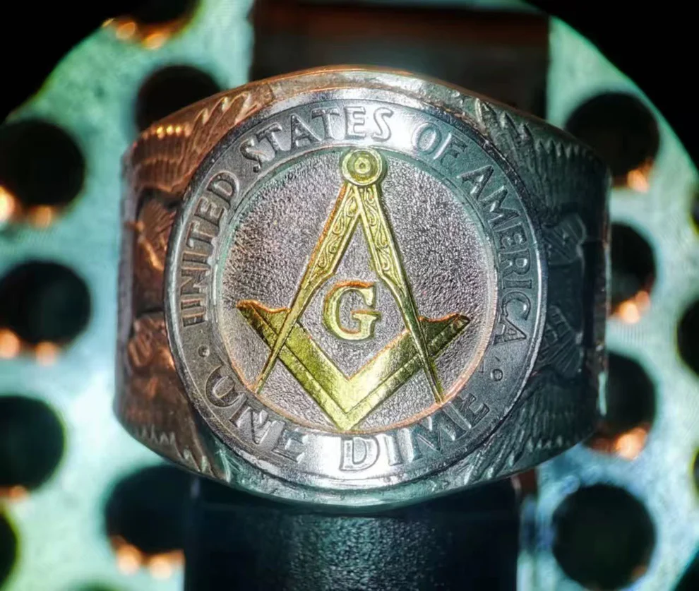 Freemasonry Engraved Silver Coin Ring