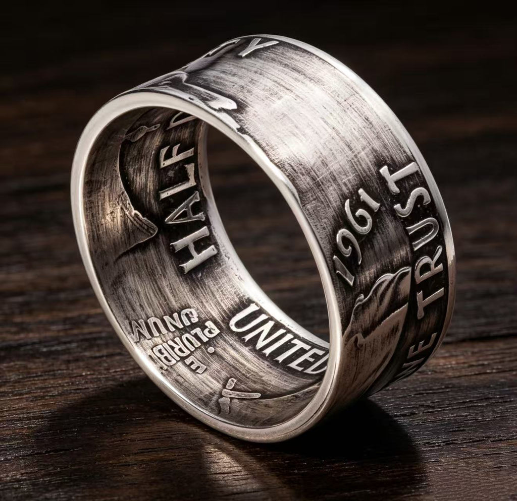 Walking Liberty & Franklin Half Dollar Silver Coin Ring Set | Vintage US Silver Hand Forged Ring