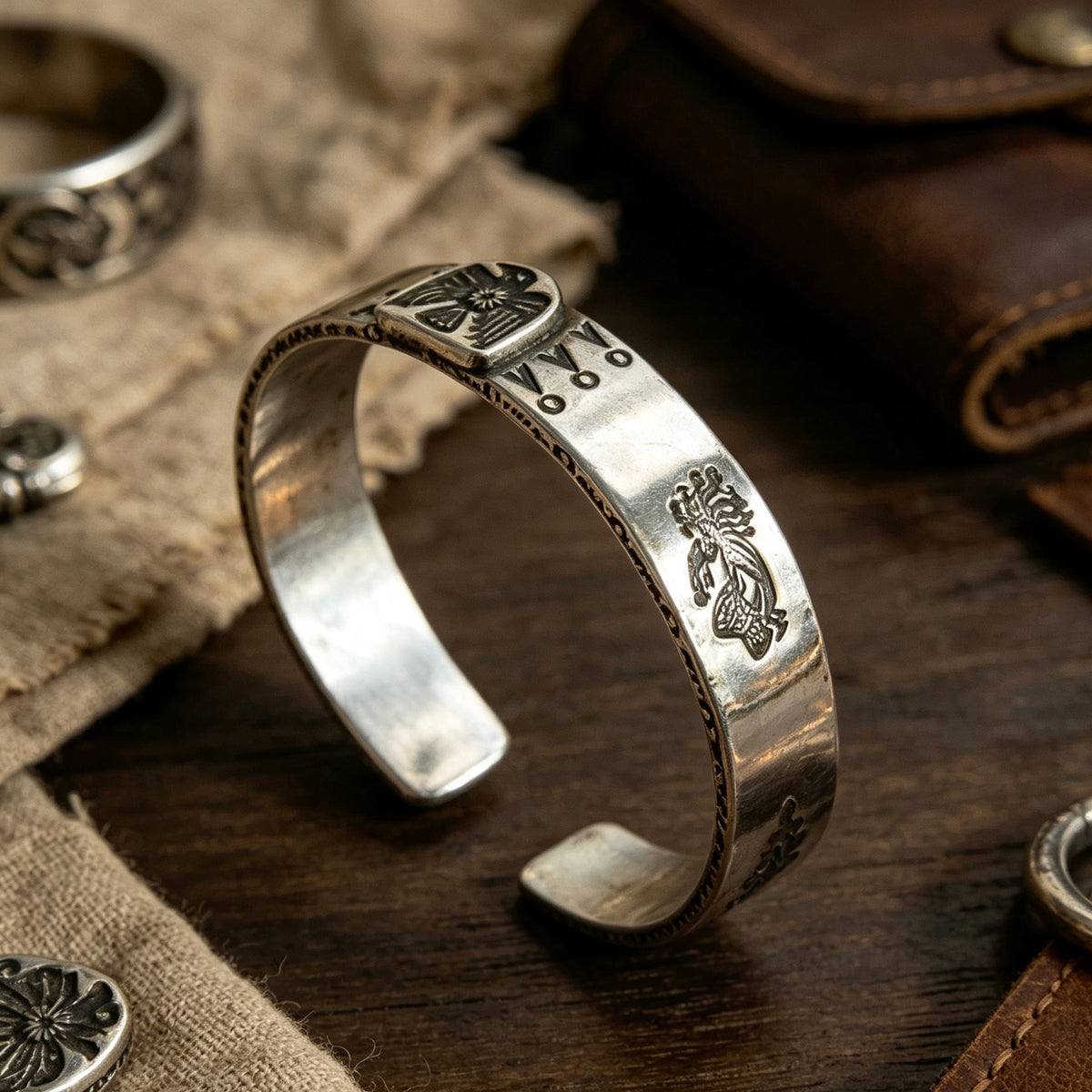 Fred Harvey Style Thunderbird Stamped Silver Cuff Bracelet