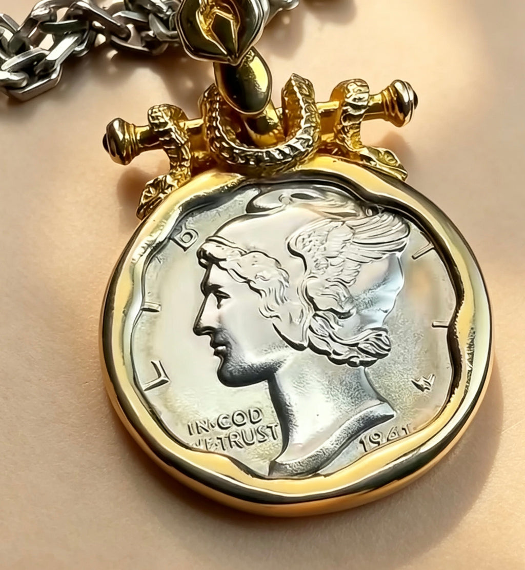 Winged Mercury Vintage Coin Pendant（gold circle）
