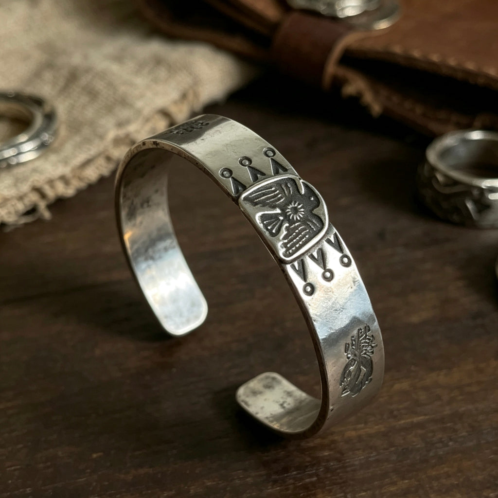 Fred Harvey Style Thunderbird Stamped Silver Cuff Bracelet