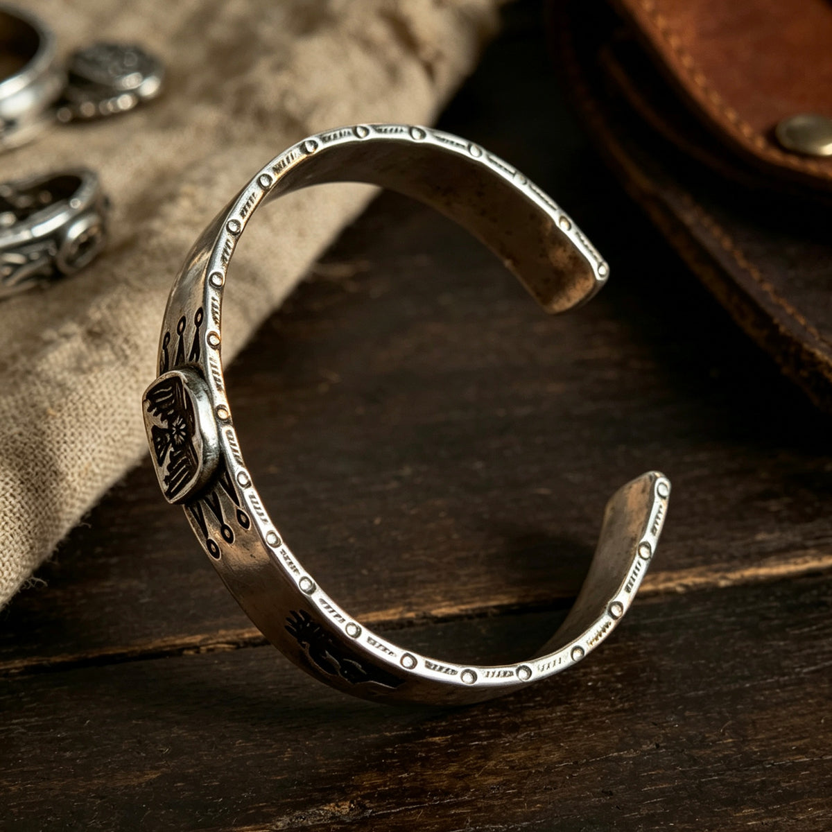 Fred Harvey Style Thunderbird Stamped Silver Cuff Bracelet