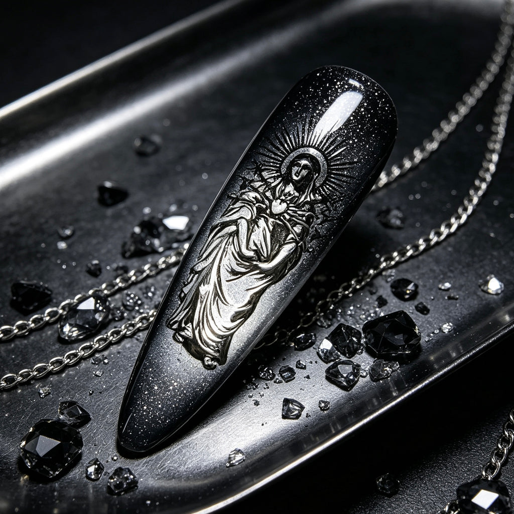 Handcrafted Press‑on Nails Our Lady Mary Black Cat-Eye | Long Almond Shape
