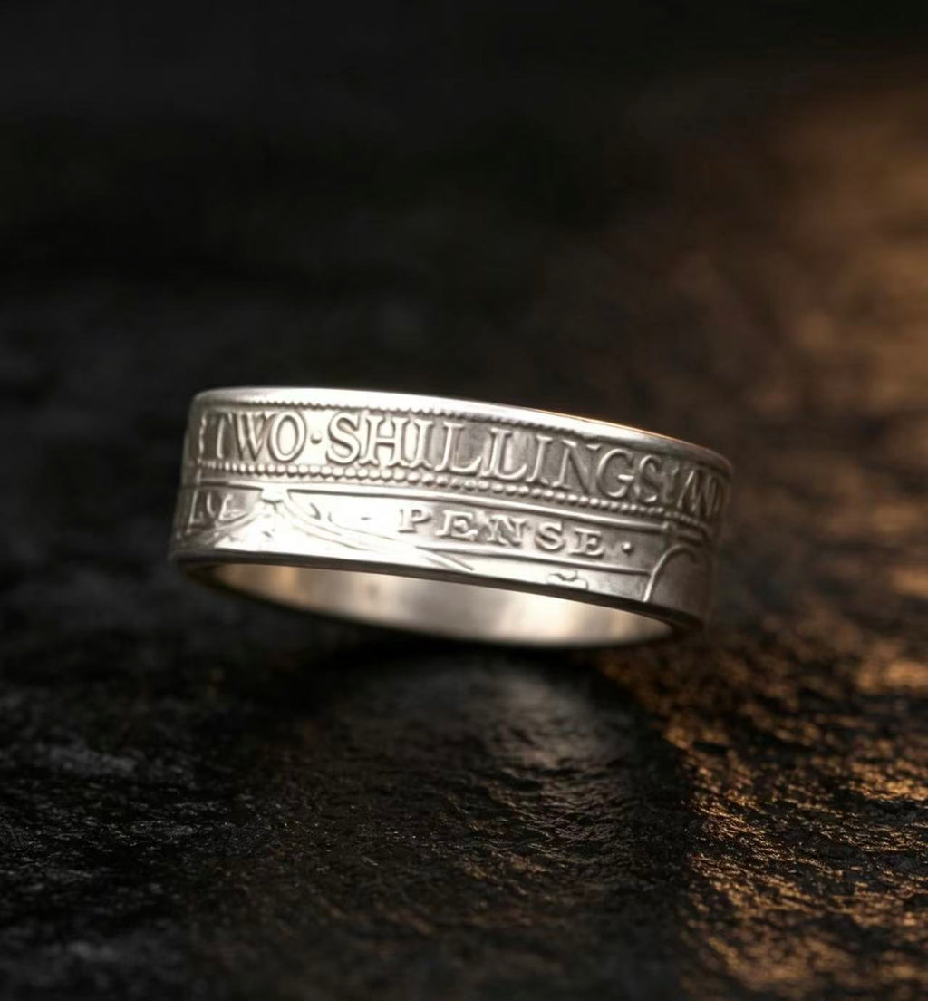 Hand Forged 1900 British Victoria One Florin Two Shillings Silver Heraldic Shield Coin Ring