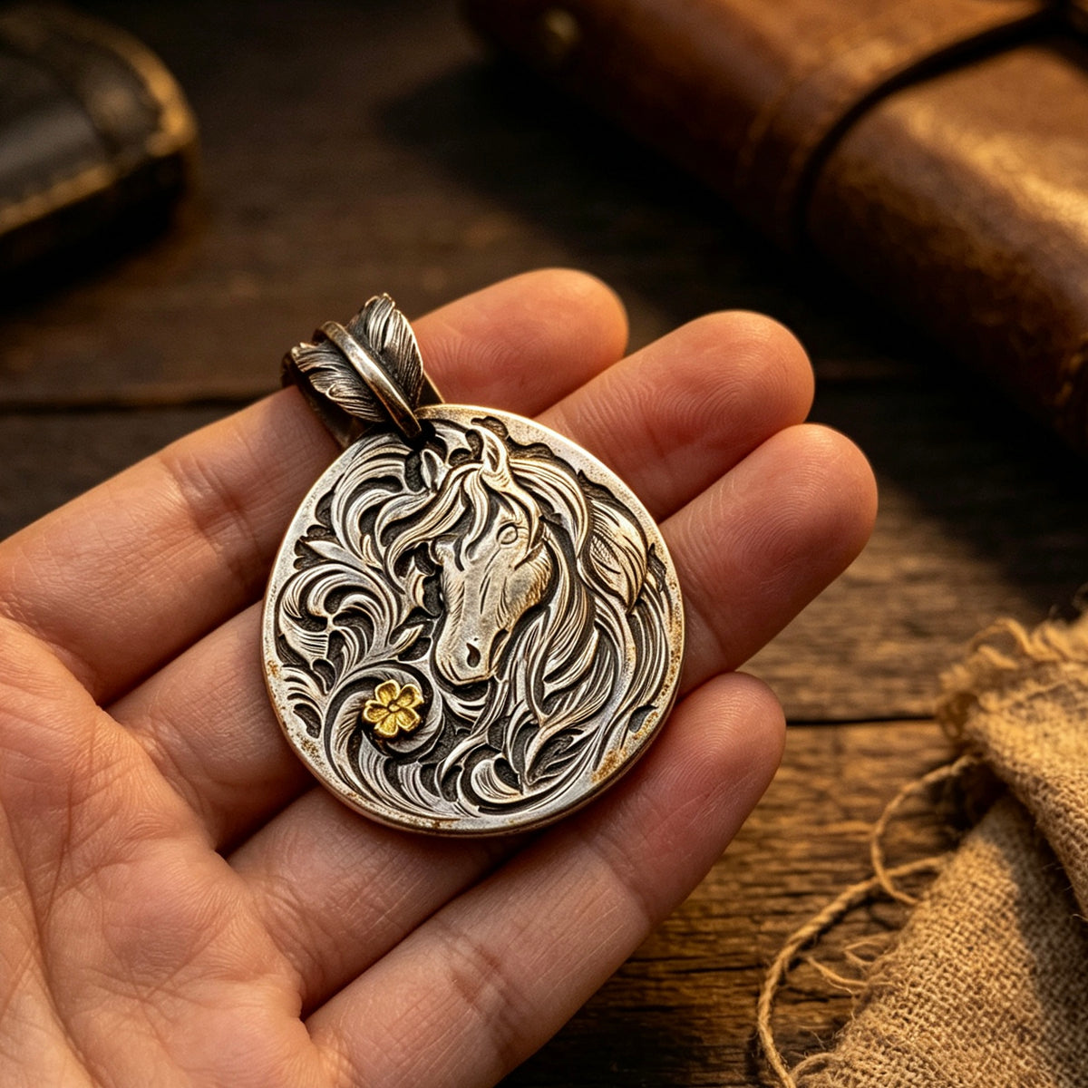 Floral Mustang Silver Pendant