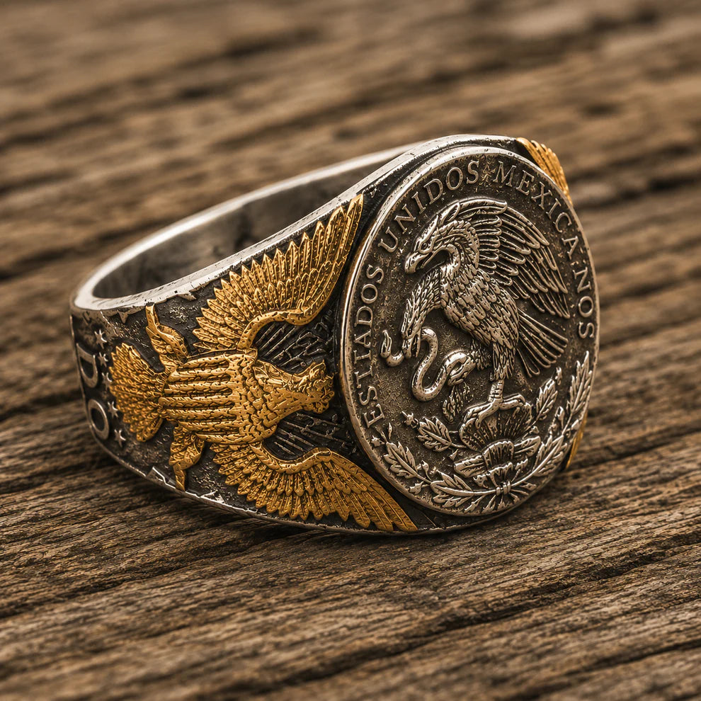 Mexican Eagle and Snake Silver Coin Ring