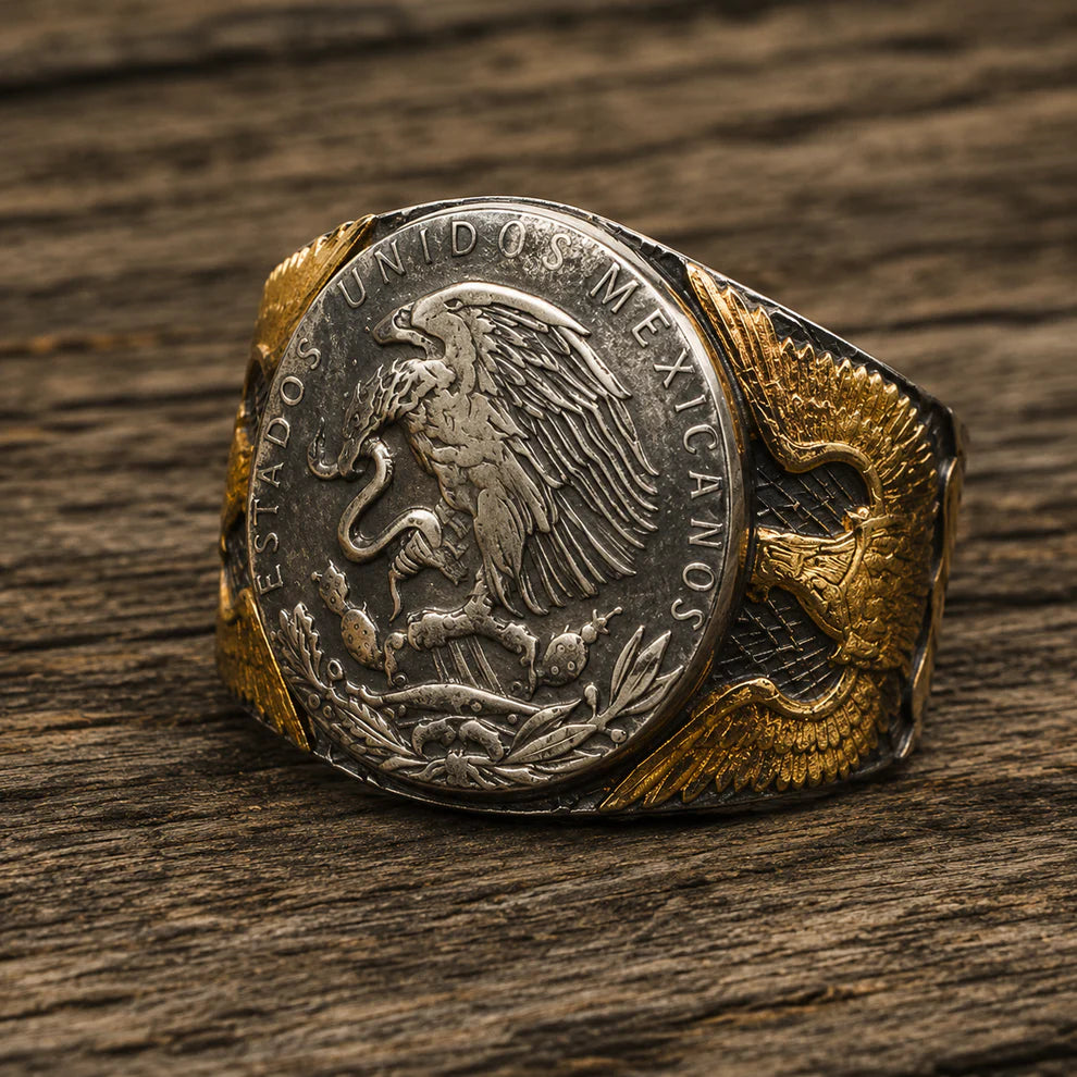 Mexican Eagle and Snake Silver Coin Ring