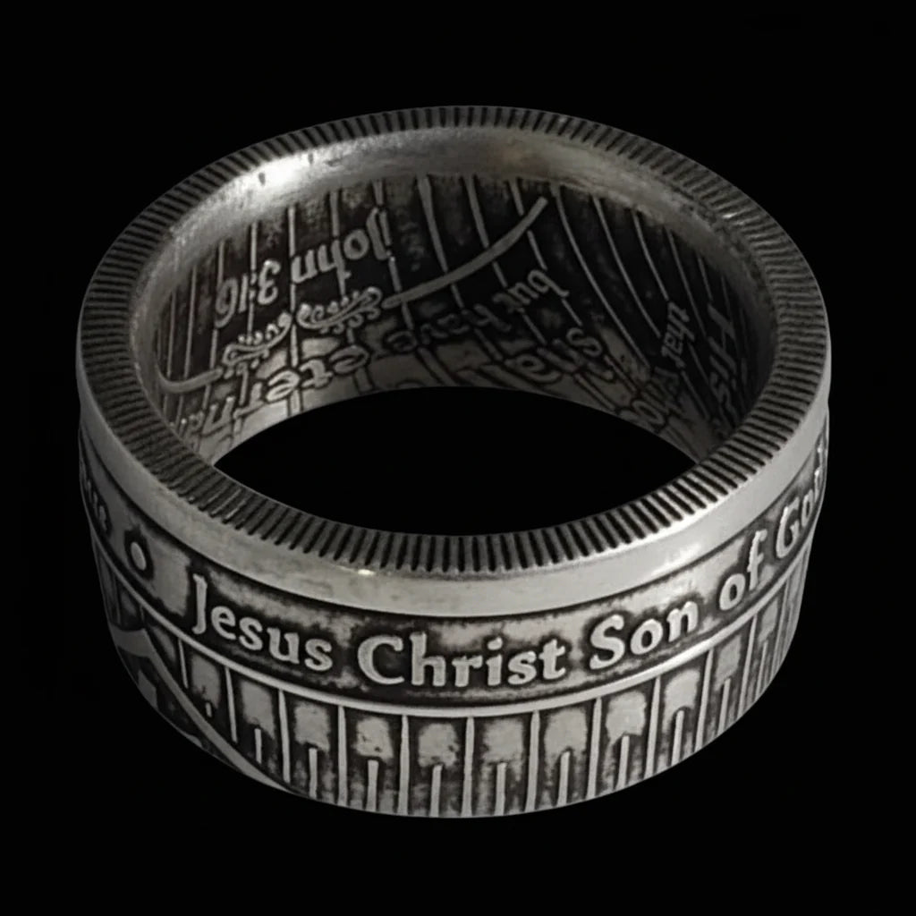 Christian Fish Coin Ring | Handmade IXOYE Cross | John 3:16