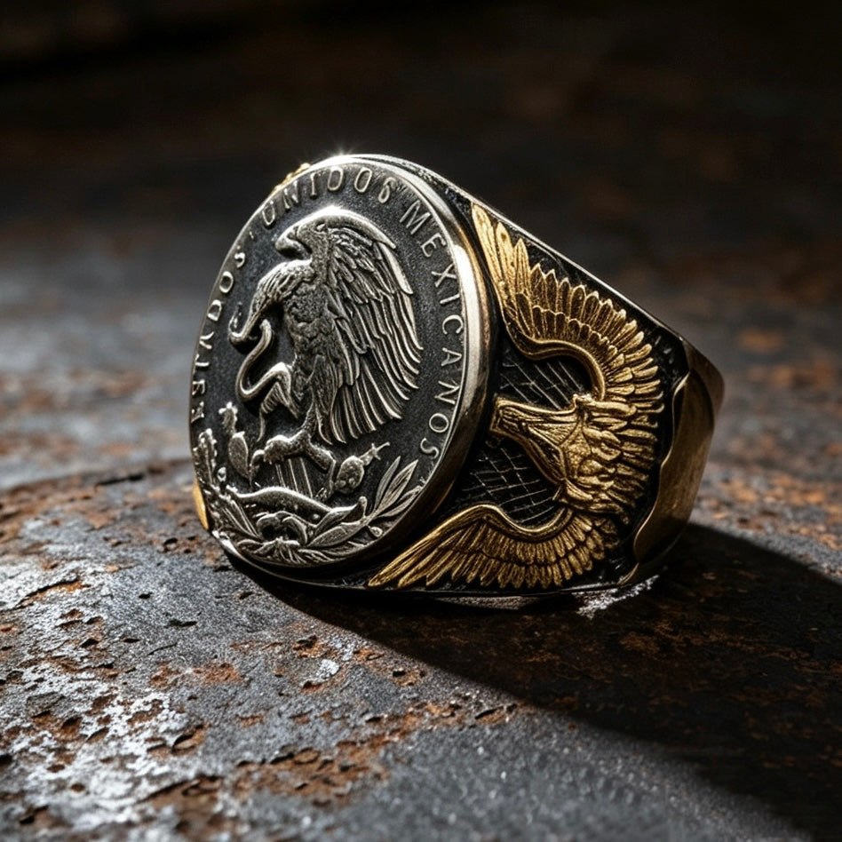 Mexican Eagle and Snake Silver Coin Ring