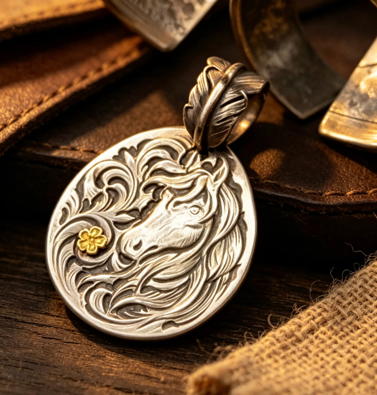 Floral Mustang Silver Pendant