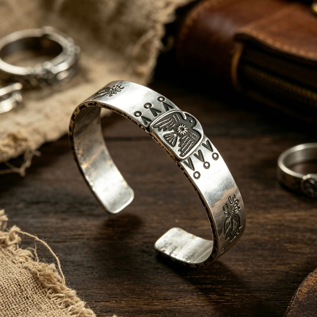 Fred Harvey Style Thunderbird Stamped Silver Cuff Bracelet