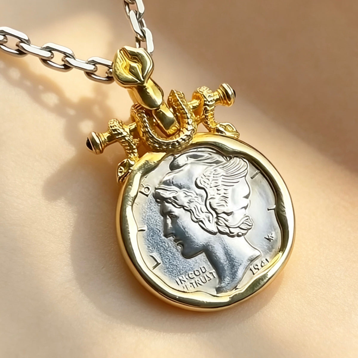 Winged Mercury Vintage Coin Pendant（gold circle）