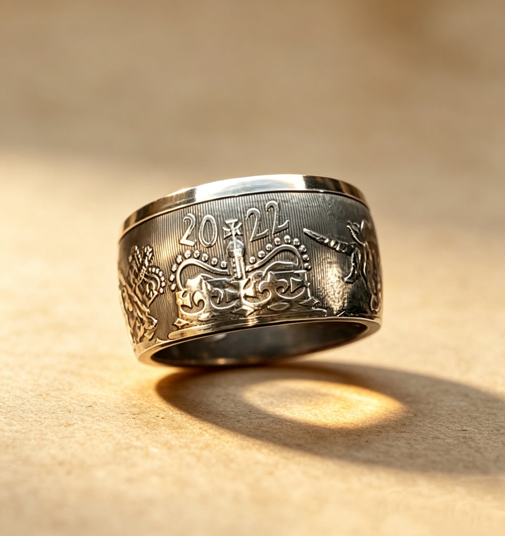 Handmade Coin Ring | UK Royal Arms 2 Pound 1oz 999 Silver Coin Ring