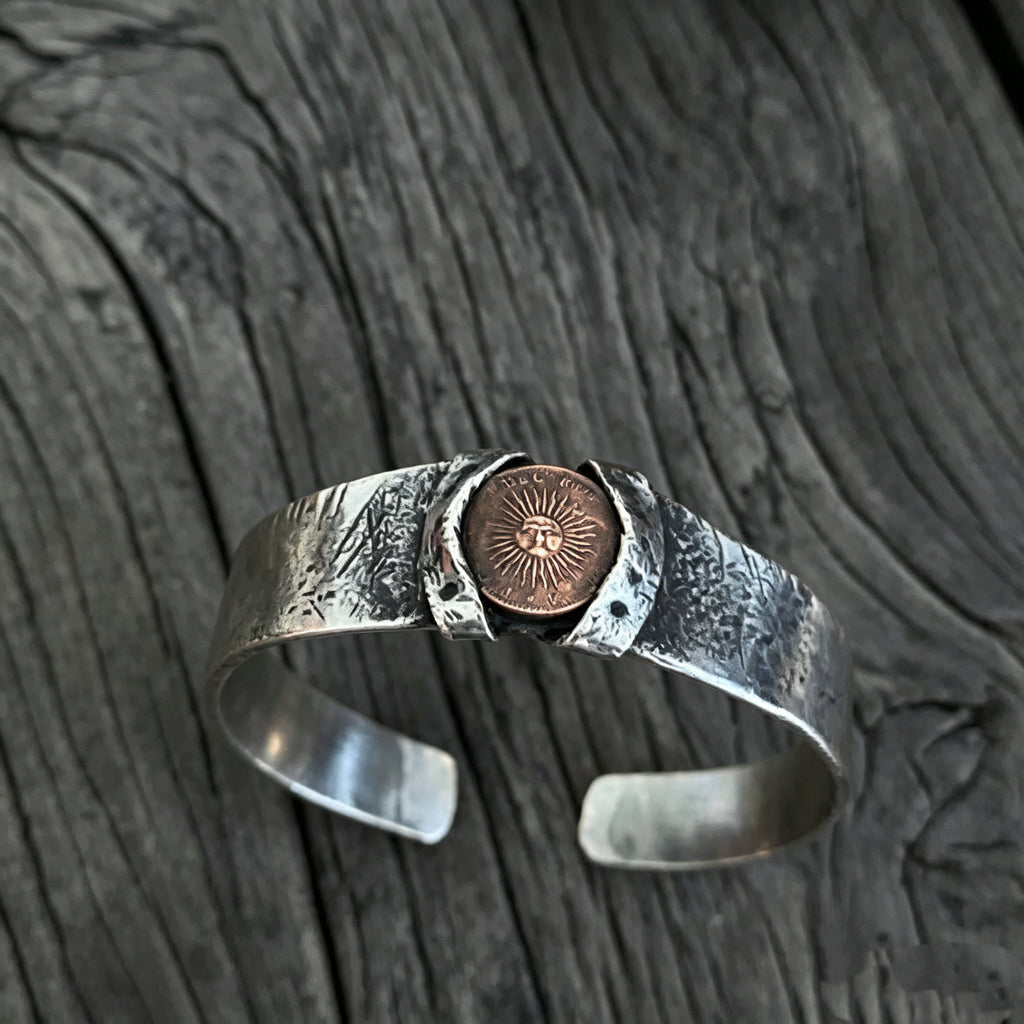 Vintage Sun God Hammered Silver Cuff