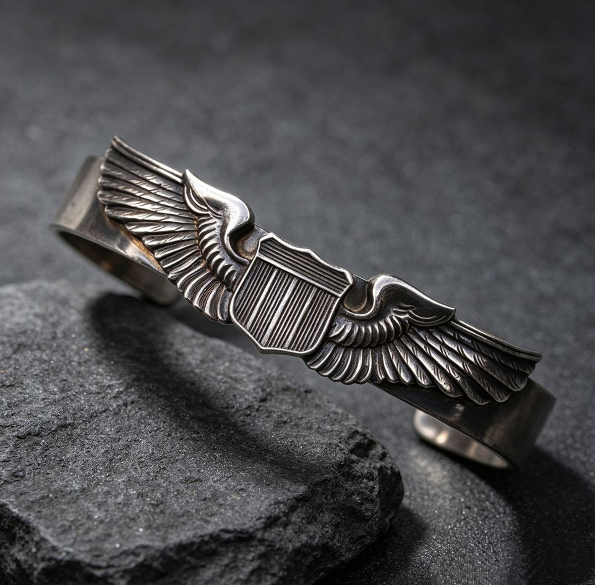 925 Silver "Winged Shield" Bangle – A Reproduction of the WWII U.S. Army Air Forces Pilot Badge (Flat-Band Style)