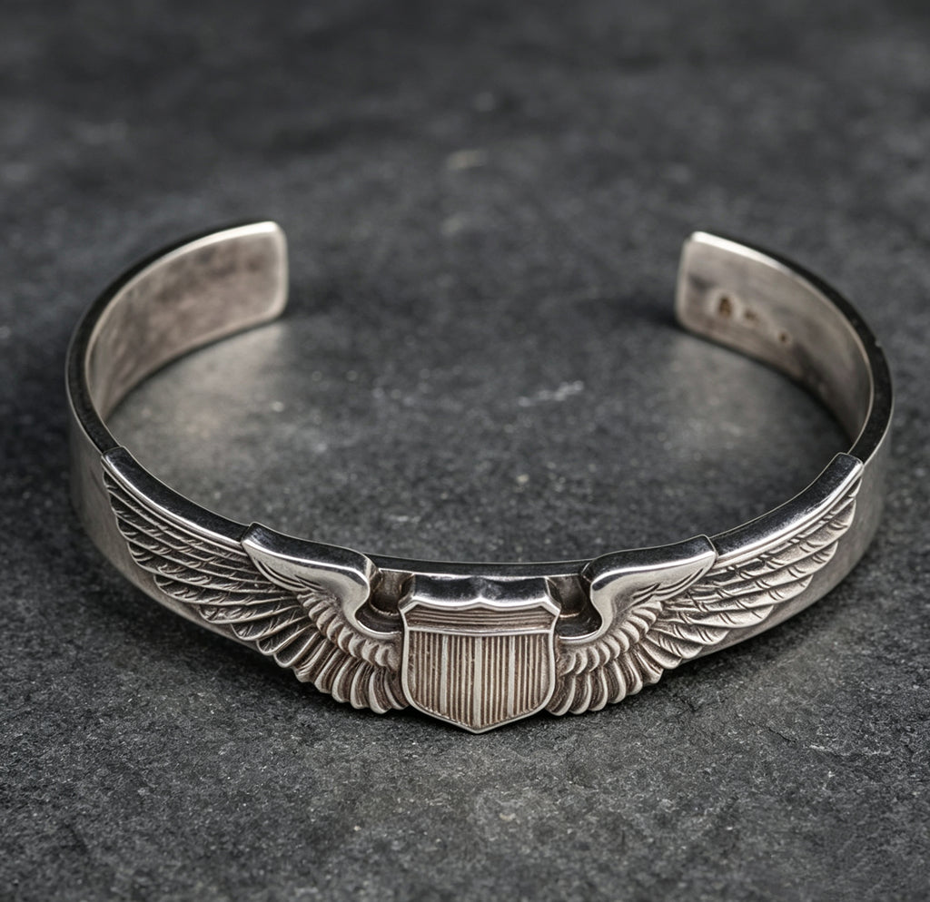 925 Silver "Winged Shield" Bangle – A Reproduction of the WWII U.S. Army Air Forces Pilot Badge (Flat-Band Style)