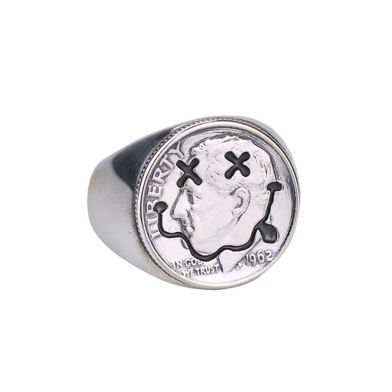 Roosevelt Silver Coin Smiley Face Ring
