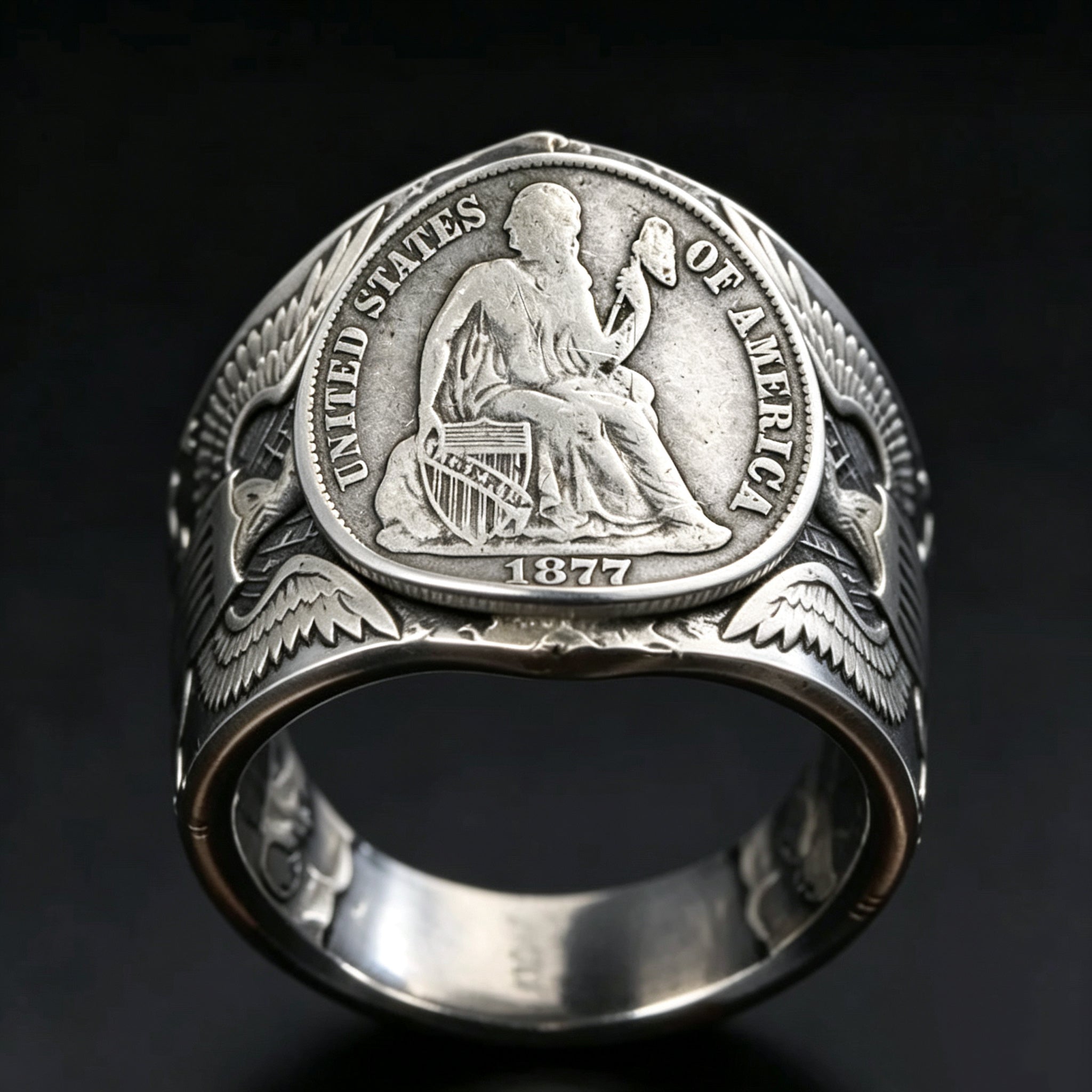 Seated Statue of Liberty 1877 Dime Ring