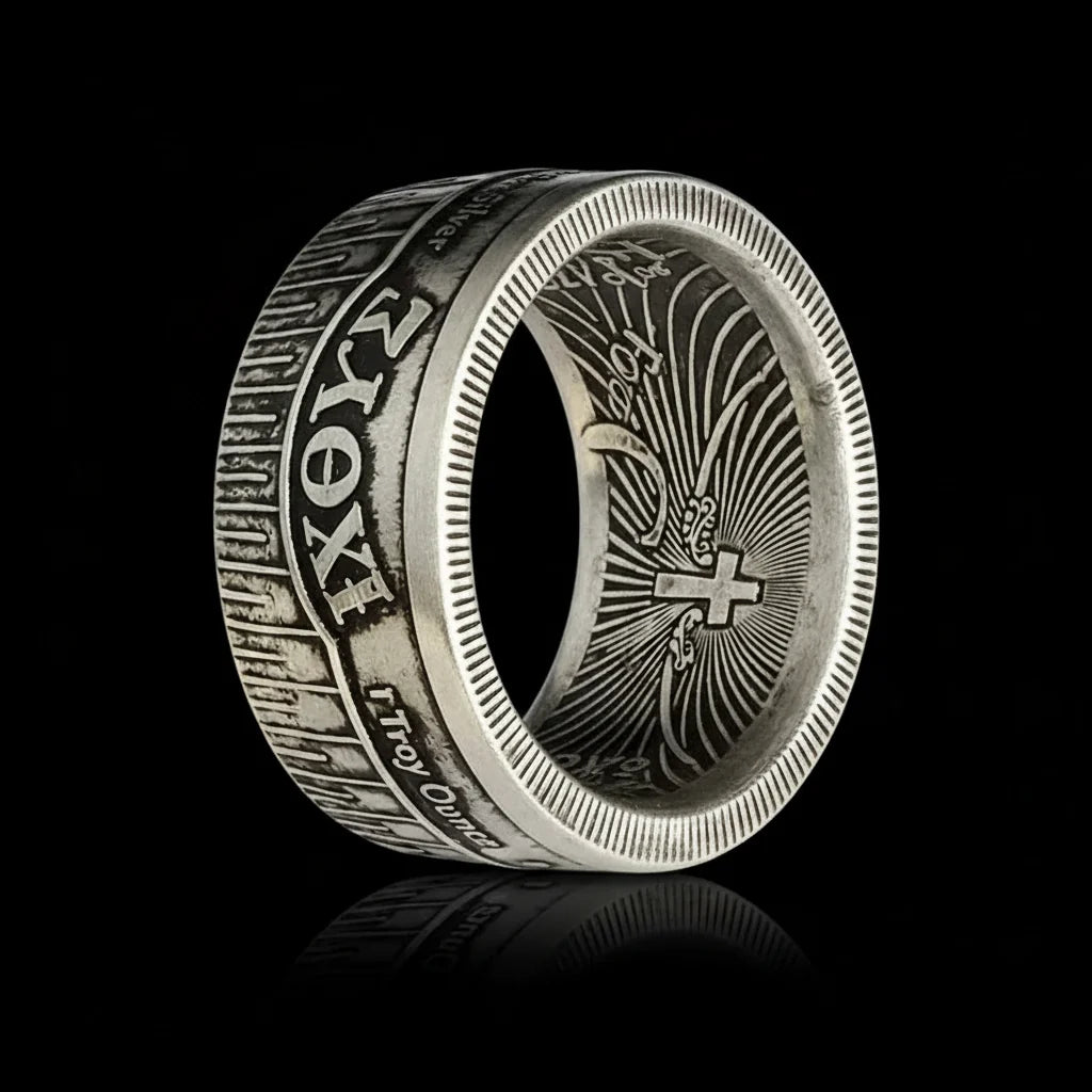 Christian Fish Coin Ring | Handmade IXOYE Cross | John 3:16