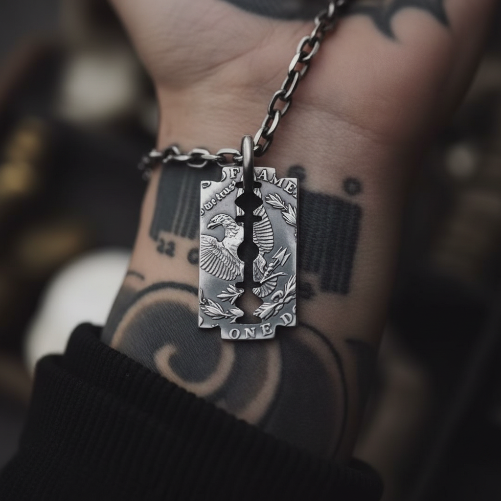 Razor Blade Pendant on Hand