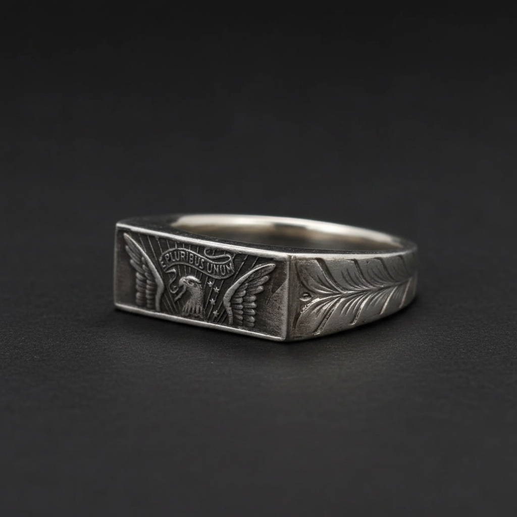 Silver Coin Ring - Front View Dark Background